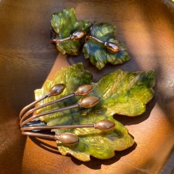 VTG MATISSE RENOIR Large Copper Green Enamel Maple Leaf Brooch with Earrings SET - Picture 1 of 8
